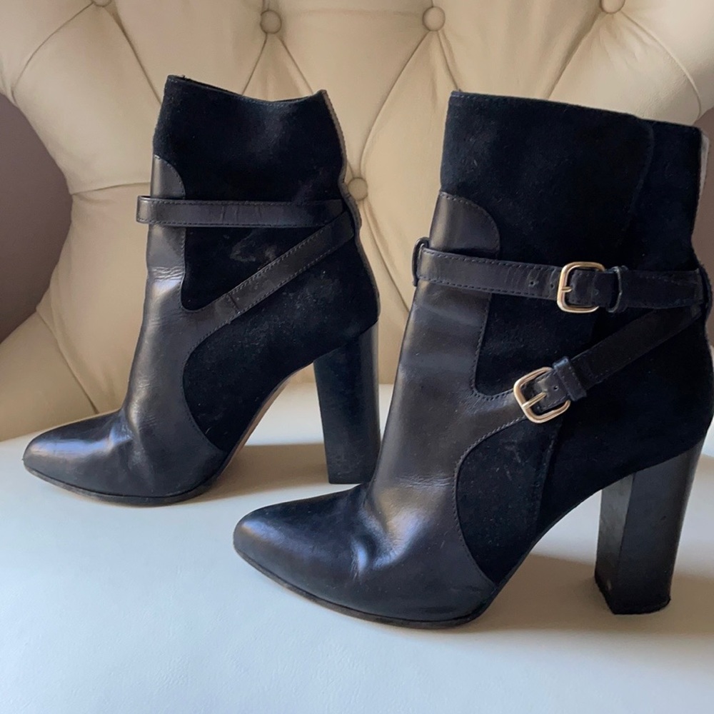 Club Monaco leather and suede high heeled ankle boots